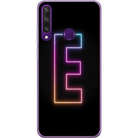 Kompatibel Mobilcover til Huawei Huawei Y6p Minimalistisk neonbogstav E i lyse farver mod mørk baggrund i moderne og stilren design