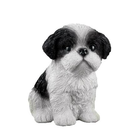 Resin Ornament, Siddende Shih Tzu Hund - Sort/Hvid