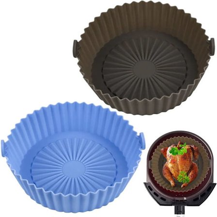2-pack silikonkorg fritöstillbehör, återanvändbar silikonkorg 16x14cm för Airfryer, mikrovågsugn, kakform, ångkokare, etc. (ljusgrå + himmelsblå)