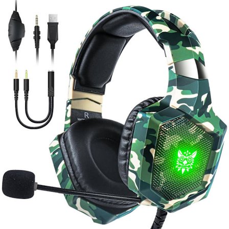 Spelheadset med mikrofon, Spelhörlurar för PS4 PS5 Xbox One PC med LED-lampor, Playstation-headset med brusreducering 7.1 surroundljud
