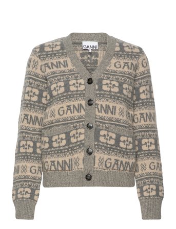 Logo Wool Mix Strikkegenser Cardigan Grå Ganni*Betinget Tilbud