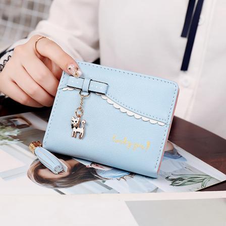 Mini Faux Lær Bifold Søt 3 Katt Glidelås Clutch Lommebok Håndveske for Kvinner Jenter