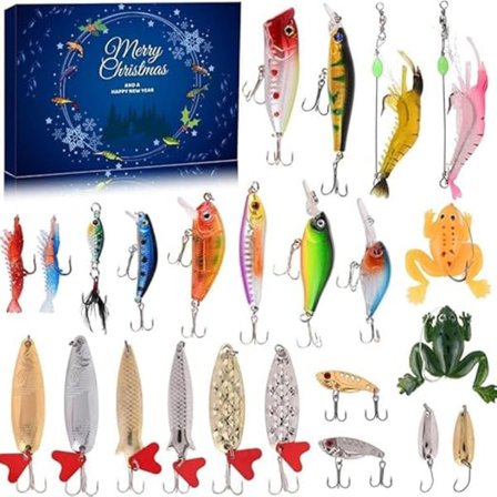 Fiske Adventskalender - Fiskebeten Set, Fiskeudstyr til Voksne Mænd Drenge, Fisketilbehør (24 stk)
