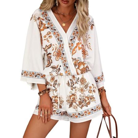 dusa Dam 2-delat sommarset med blommigt tryck, blus med sänkt axel och fladdermusärmar, shorts, vitt, X-Large