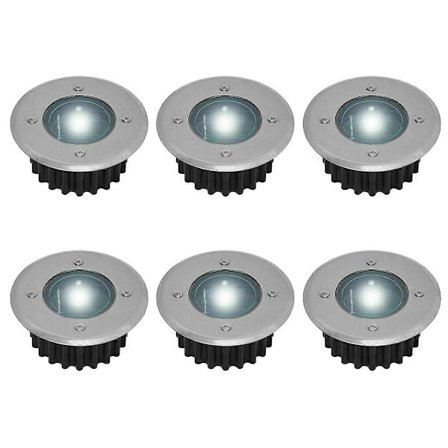 Set med 6 solcells-LED-spotlights infällda i marken - runda - diameter: 85 mm - tål ben utomhus - fasad i rostfritt stål - 6 solcellslampor