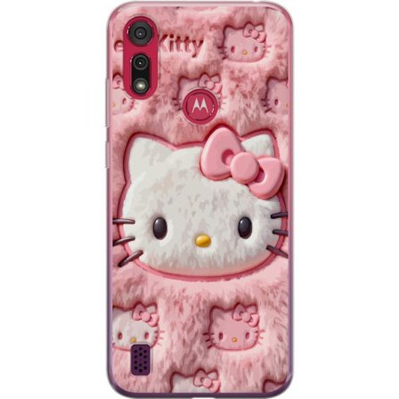 Kompatibel Mobilcover til Motorola Moto E6s (2020) Hello Kitty lyserød fluffy baggrund med ikonisk ansigt og kawaii-æstetik