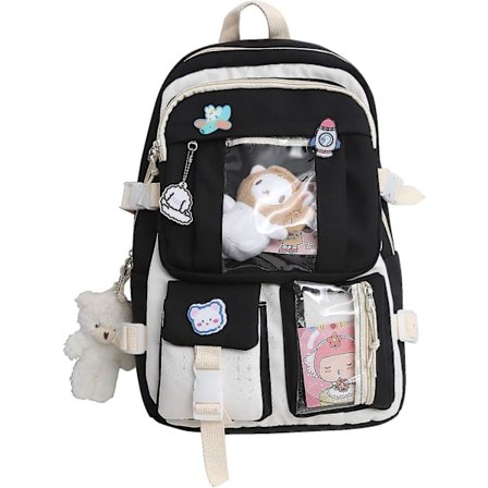 Preppy-tyylisen esteettisen reppun, Kawaii-reppu Kawaii-neuloilla ja tarvikkeilla, tyttöjen Preppy-reppu (musta)