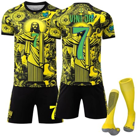 (AZC) 2025-2026 Brasil Kortarmet Fotballdrakt Barn Voksen Med Sokker No.7 Vini JR gul No.7 yellow No.7