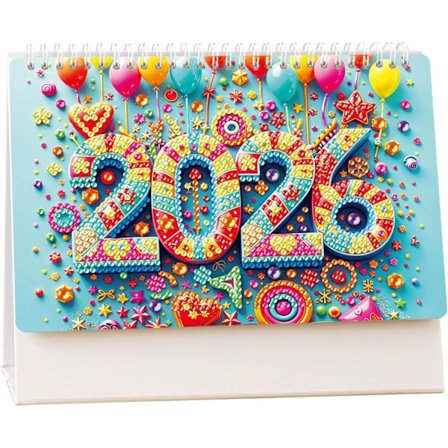 2026 Diamantmaling Skrivebordskalender Kit – DIY Diamantkunst Kalender 2026 Stående Vendbar Månedlig Bordkalender med Fargerike Perler