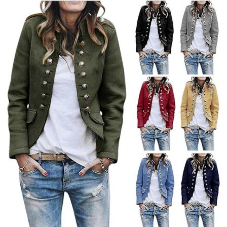 Cardiganjakke for kvinner, dressblanding, dobbeltspent militær blazer, kort, business, fritidsjakke