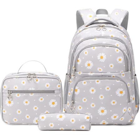 Daisy Print skoletaske til piger, primær skoletaske, rygsæk til folkeskoleelever med madkasse, grå