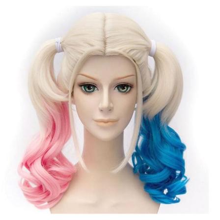 Serier- polyester Harley Quinn peruk (vuxen)Två täcken: en rosa och en blå