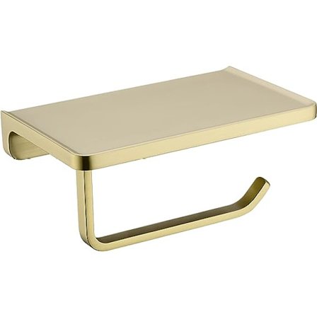 Børstet gull toalettpapirholder med hylle, veggmontert baderomstilbehør, rulldispenser med avtakbar frostet krystall akryl oppbevaringsshylle