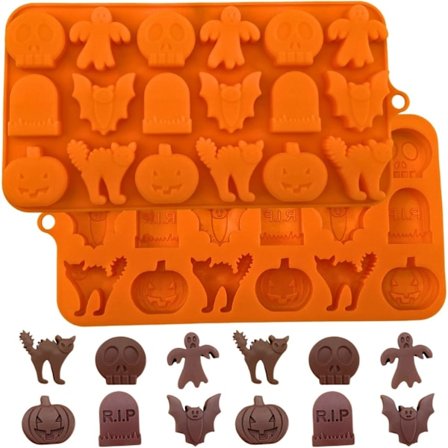 Halloween Silikonformar för Choklad, 18 Hålrum, Pumpa, Katt, Spöke, Fladdermus, Dödskalle, Gravsten Formar för DIY Choklad, Godis, Gelé. Halloween