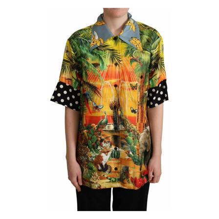 Dolce & Gabbana Jungle Tropical Polka Dot Print Silk Shirt grön, Dam, Dam, Storlek: S
