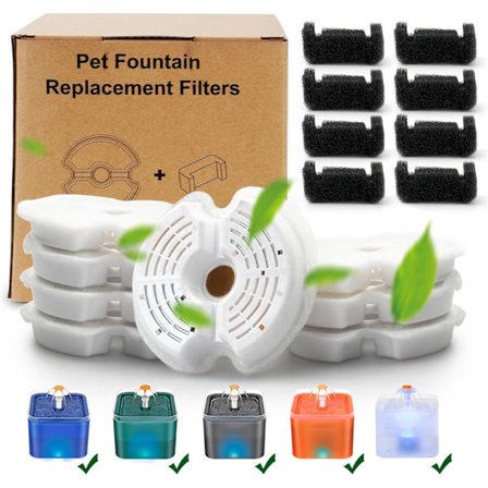 Kattvattenfontänsfilter, flera filtreringsfilter för husdjursvattenfontän, 8 bomullsfilter med aktivt kol för kattfontän och 8 förfilter