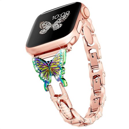 Kompatibel med Apple Watch-armband 42 mm 44 mm 45 mm, damernas lätta, enkelt justerbara rem, glänsande diamant på fjäril, metallrem för Iwatch Seri