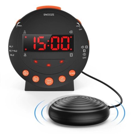 Kovaääninen herätyskello sängyn ravistimella. Värisevä herätyskello säädettävällä himmentimellä vaikeasti nukkuville kuuroille ja huonokuuloisille