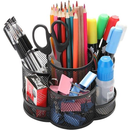 Roterende penneholder til skrivebord, metalpenneholder til kontor med skridsikker gummipude, 360 graders rotation, 7 rum, sort