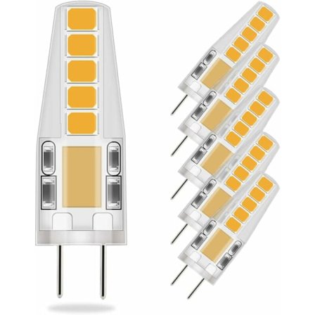 5 kpl Lämmin valkoinen G4 LED-lamput, 36 mm x 9 mm Lähellä perinteistä kokoa, 3 W LED vastaa 23 W halogeenilamppua, 3000 K, AC/DC 12 V