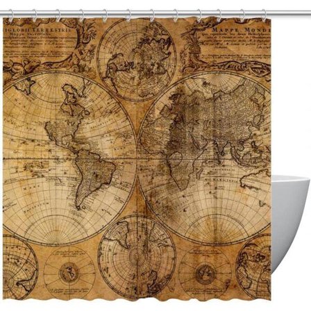 Duschdraperi med Världskarta Polyester Vintage Look Stil Länder Hav Draperi Vattentät Badrumsinredning Plastkrokar Antik Romersk 180*180cm