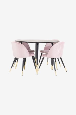 Venture Home - Spisegruppe Dipp med 4 stk spisestoler Velvet - Rosa - Spisegruppe 4 personer - Fra Homeroom