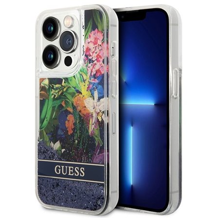 Guess Flower Liquid Glitter-etui for iPhone 14 Pro Max - blå