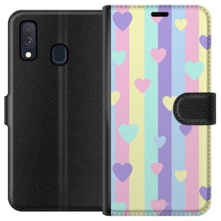 Yhteensopiva Lompakkokotelo Samsung Galaxy A40 Pastelliraitoja pinkissä, keltaisessa, violetissa ja sinisessä, joissa on hajallaan pehmeitä kawaii-tyy