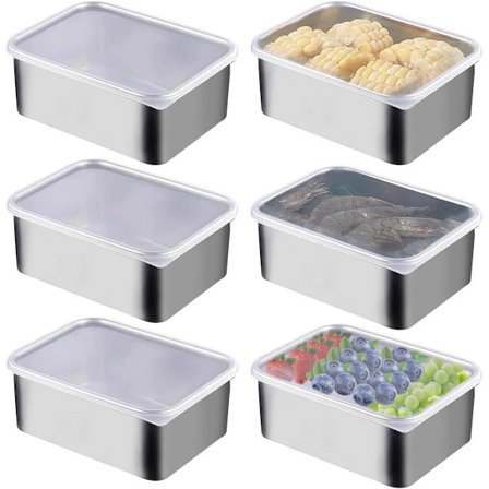 Sæt med 6 opbevaringsbeholdere i rustfrit stål med låg, stabelbare og ovn-/frysesikre