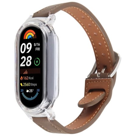 Xiaomi Smart Band 9 Stöttålig Watch Case Integrerat Ultra Fiber Läder Quick Release klockarmband - Transparent / Kaffe