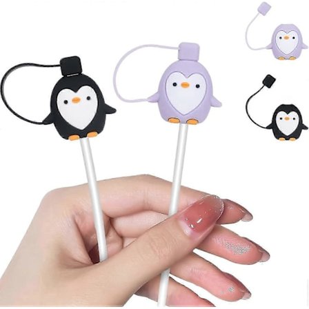 2 st Tecknad Pingvin Kabelskydd för iPhone Type-C Laddare, Svart & Lila Silikonset med Dammtätt Lock