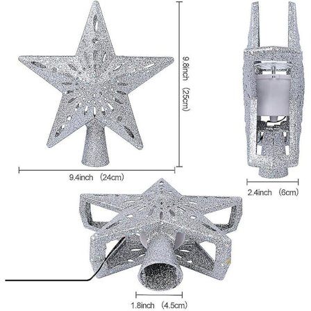 Juletræstop med Lysende Stjerne Trætopper med LED-Rotorende Snefnug Projektorlys, 3D Hul Sølv
