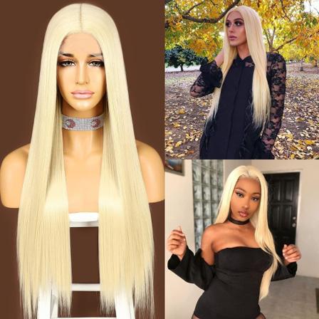 613 Blond Lång Rak Peruk För Kvinnor Spets Frontperuker Med Midd