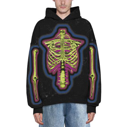 Damer Skull Print Pullover Color Block Hooded Tops