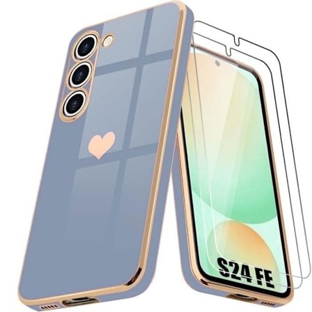 Coque för Samsung Galaxy S24 FE (inte för S24) - Stöttålig i silikon Blå, Lyxigt hjärtmönster + 2 härdade glas
