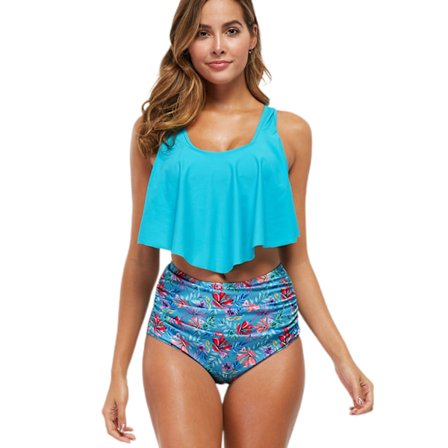 Naisten uimapuvut kaksiosaiset uimapuvut kaksinkertaiset röyhelöiset uimapaidat korkeavyötäröiset housut uimapuvut bikinit, vaaleansininen, 2XL