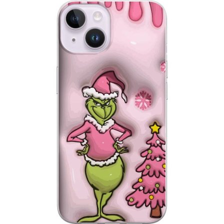 Kompatibelt Mobildeksel til Apple iPhone 15 Pink Grinch Jule med klassisk figur i rosa nissekostyme, en morsom vri på julefavoritten med fargerik humo