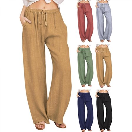 Dam bomullslinnebyxor sommar vida ben casual lös dragsko hög midja palazzo byxor byxor med fickor L grå