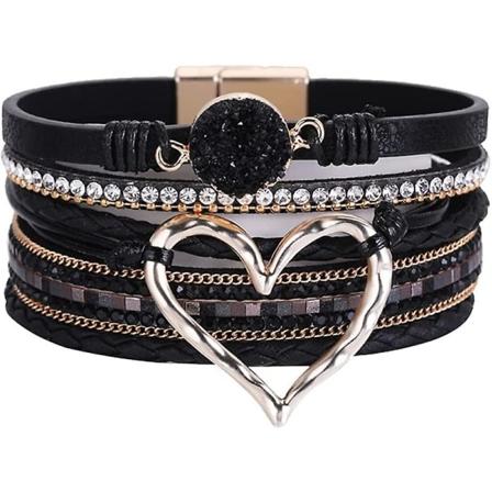 Lærarmbånd med hjerte, bredt mansjettarmbånd, boho-armbånd med magnetlås, svart