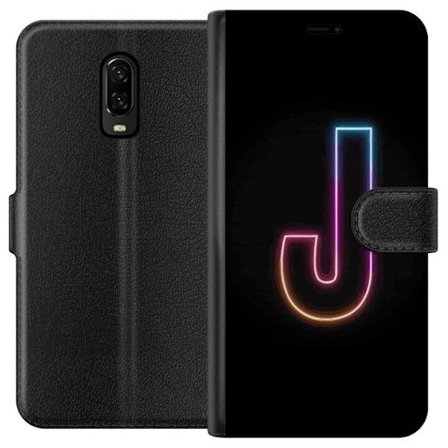 Kompatibelt Plånboksfodral till OnePlus OnePlus 6T Minimalistisk neonbokstav J i färgskiftande ljus mot svart bakgrund