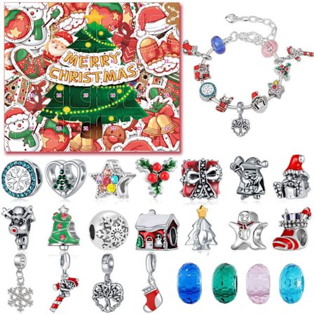 Adventskalender Charm Armband 2025, 24 dagar Smycken Halsband Armband Tillverkningskit - Julnedräkningspresenter till Dotter, Flickvän, Fru, Mamma