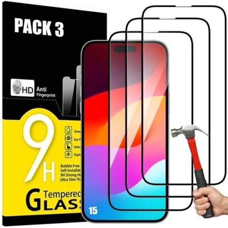 Helhärdat glas för iPhone 15 paket med 3 svarta anti-skrapglasögon