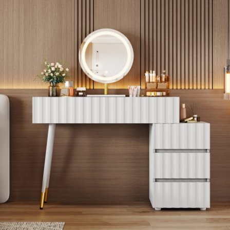 Sminkbord med LED-spegel & belysning – Vitt sminkbord med 5 lådor (B100/H127/D40 cm), inkl. pall White