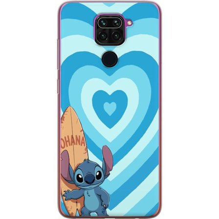 Kompatibel Mobilcover til Xiaomi Redmi Note 9 Sjov tegneserieillustration af Stitch med surfbræt og blå hjerter