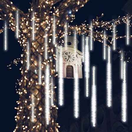 Meteor Shower 30cm 8 Vattentäta Spiralrör Slingor 288 LED Meteor Shower Ljus för Jul Utomhus Trädgårdsdekoration (Vit)