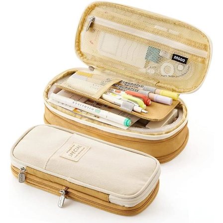 Stor kapacitet blyantsæske holdbar penneholder organizer brevpapir makeup kosmetik pung til børn, 22x11cm(Khaki)