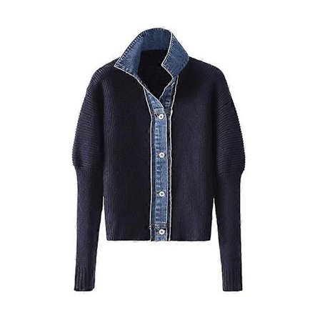 Efterår Vinter Vintage Koreansk Mode Dame Denim Patchwork Cardigan Enkeltknappet Sweater Revers Strik Chic Æstetisk Stilfuld