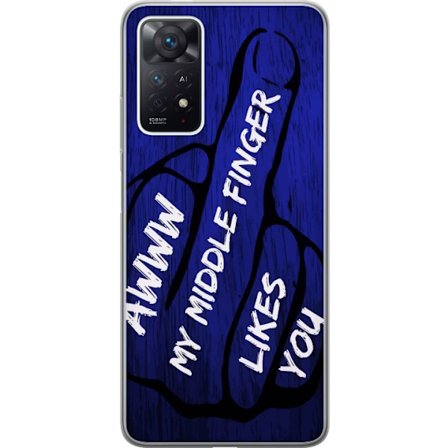 Kompatibel Mobilcover til Xiaomi Redmi Note 11 Pro Mørk typografisk illustration med hjerteform og budskab om venskab mod dybblå trætekstur