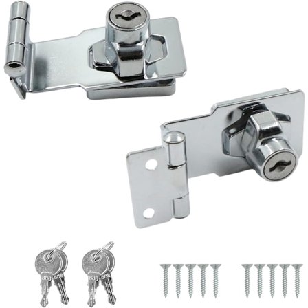 Dørlås i metall - 90 graders rettvinklet bolt, med nøkkel og skruer, lås for dør, vindu, skuff, hagedør, skap. 2 stk sølv