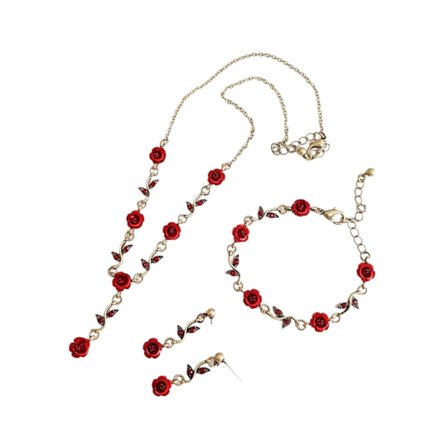 Halskæde, øreringe og armbåndssæt med roser, guld, guld/rød